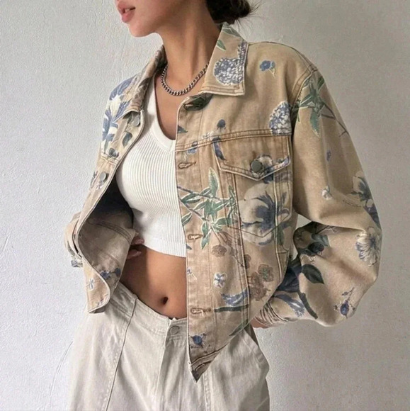 Floral Print Drop Shoulder Denim Jacket - Picture 4 of 14
